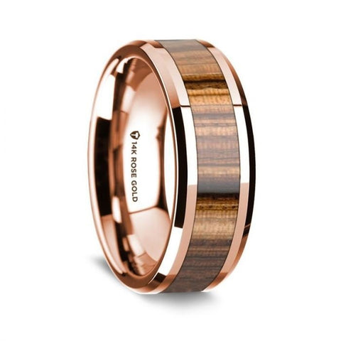 14k Rose Gold Polished Beveled Edges Wedding Ring with Zebra Wood Inlay - 8 mm Rings - Zayjewelers