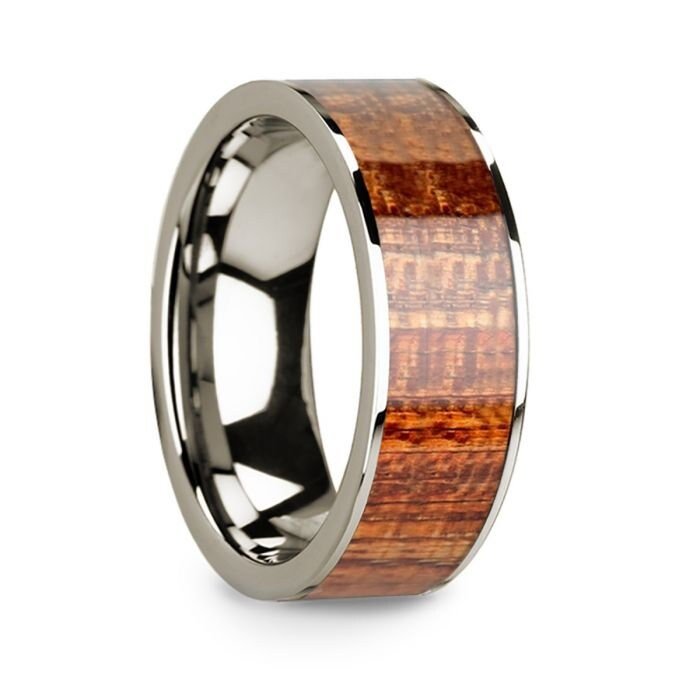 14k White Gold & Mahogany Wood Inlaid Men's Wedding Band with Polished Finish - 8mm Rings, Wedding Ring - Zayjewelers