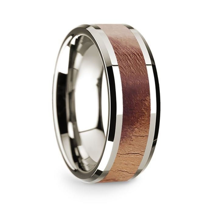 14k White Gold Polished Beveled Edges Men's Wedding Band with Olive Wood Inlay - 8 mm Rings, Wedding Ring - Zayjewelers