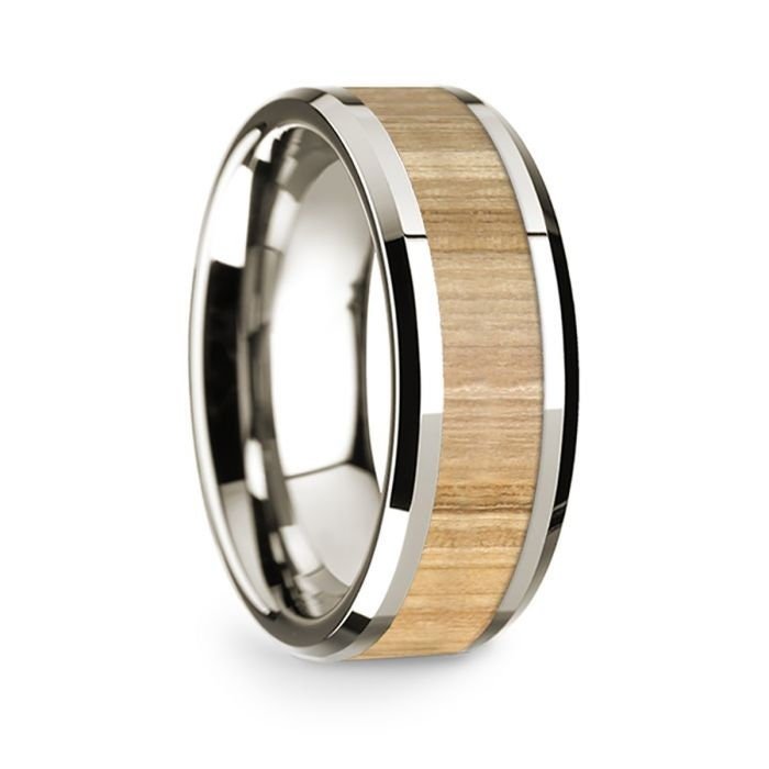 14k White Gold Polished Beveled Edges Wedding Ring with Ash Wood Inlay - 8 mm Rings, Wedding Ring - Zayjewelers