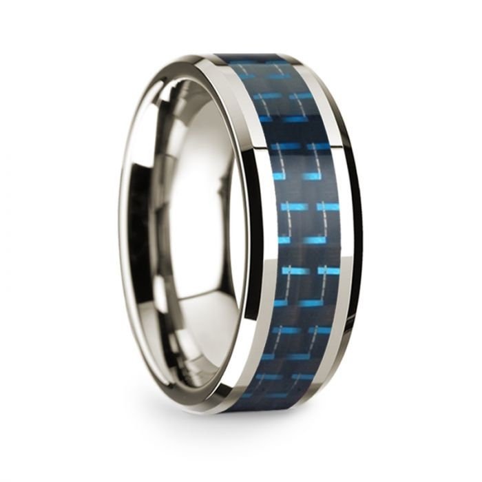 14k White Gold Polished Beveled Edges Wedding Ring with Black and Blue Carbon Fiber Inlay - 8 mm Rings, Wedding Ring - Zayjewelers