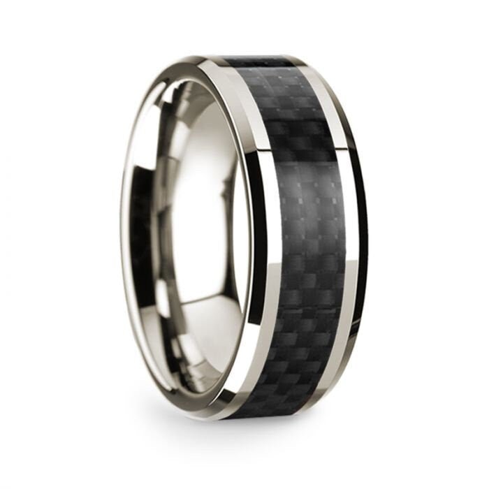 14k White Gold Polished Beveled Edges Wedding Ring with Black Carbon Fiber Inlay - 8 mm Rings, Wedding Ring - Zayjewelers