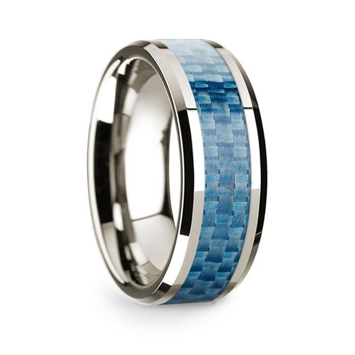 14k White Gold Polished Beveled Edges Wedding Ring with Blue Carbon Fiber Inlay - 8 mm Rings, Wedding Ring - Zayjewelers