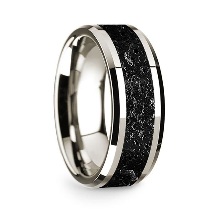 14k White Gold Polished Beveled Edges Wedding Ring with Lava Inlay - 8 mm Rings, Wedding, Engagement and Ring - Zayjewelers