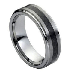 Men's Black Carbon Fiber Inlaid On Brushed Center 7mm Tungsten Ring