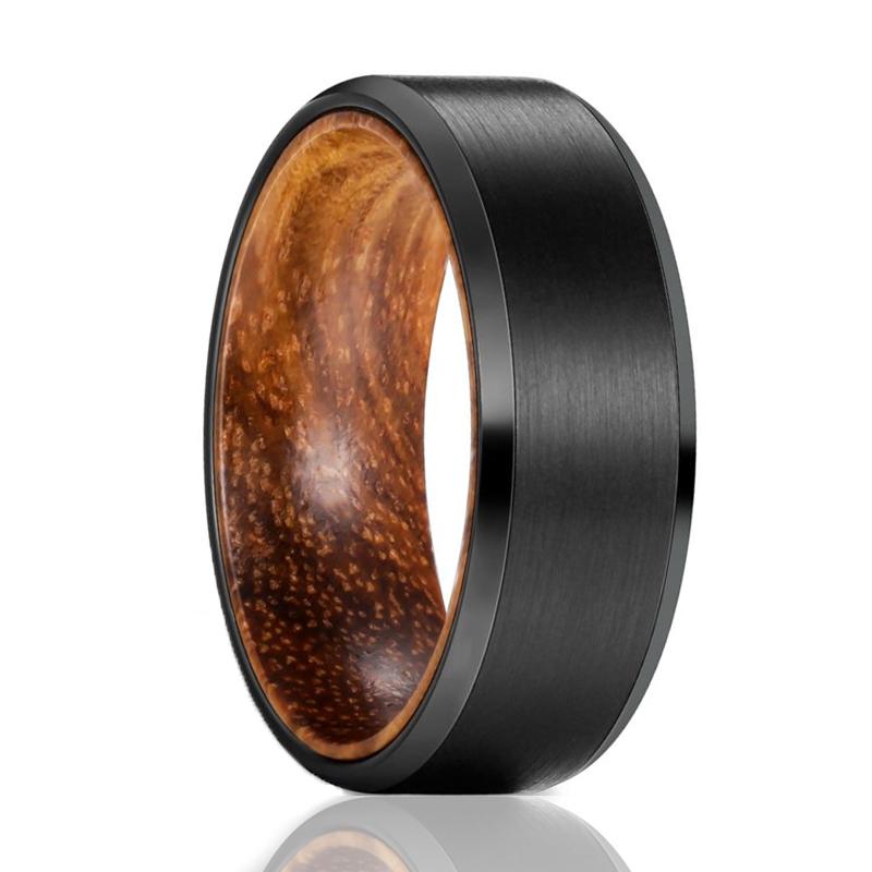 GOBLIN | Zebra Wood Black Tungsten Ring with Beveled Edges