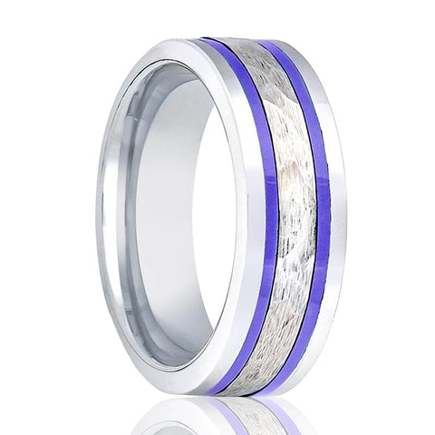 Men's Pipe Cut Flat Silver Wedding Band With Hammered Center & Two Off Set Blue Hue Trims Tungsten Ring