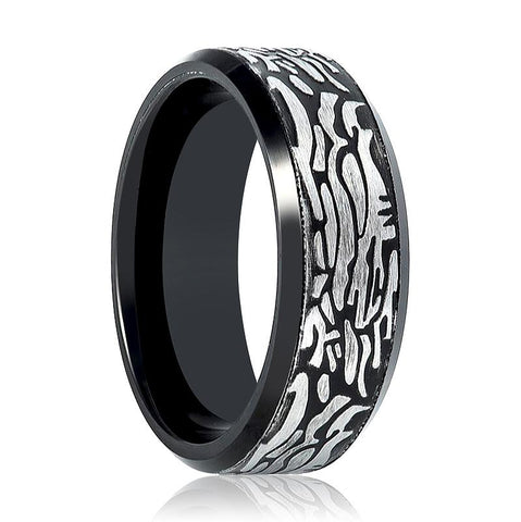 Men's Black Wedding Band With Laser Carved Rock Art Pattern & Beveled Edges Tungsten Ring