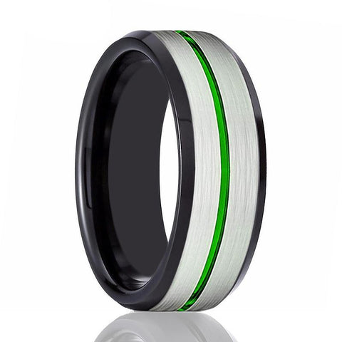 NITRO | Black Inside Silver Brushed Green Groove Black Beveled Tungsten Ring