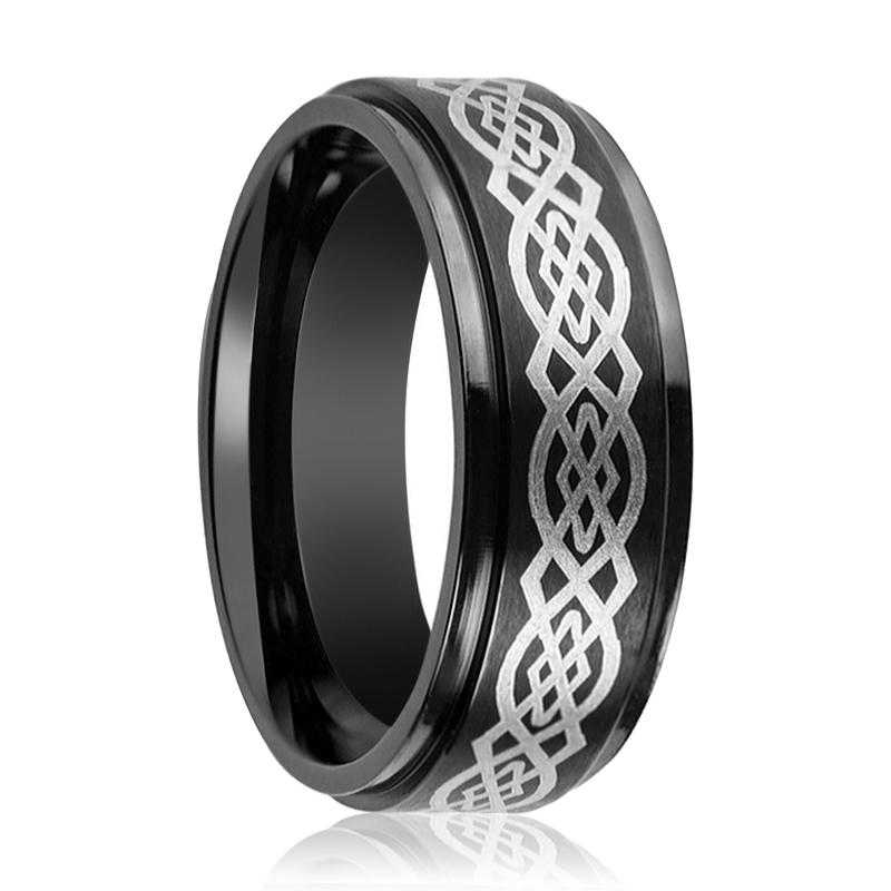 Men's Laser Engraved Celtic Knot Design Raised Center Wedding With Step Edges Tungsten Ring