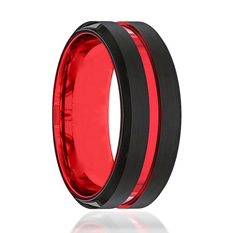 BUGATTI | Red Black Red Groove Beveled Edges Tungsten Ring