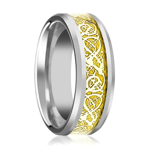 Silver Tungsten Carbide Ring for Men with Gold Celtic Dragon Inlay Beveled Edges 8MM