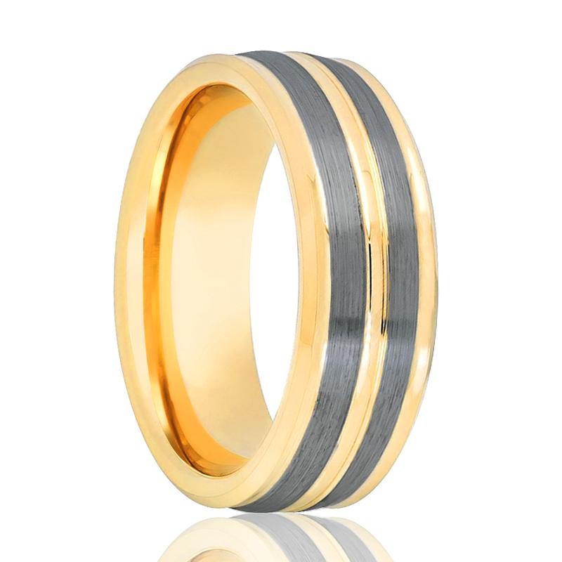 Men's Gold Engagement With Dual Brushed Pinstripe Tungsten Ring