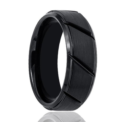 NIGHTWORK | Black Diagonal Groove Tungsten Ring