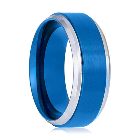 LINARD | Tungsten Ring Blue with Silver Stepped Edges