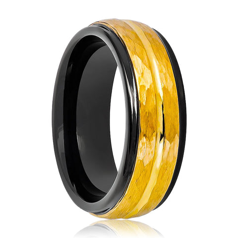 Men's Two Tone Black Inside & Yellow Gold Hammered Finish with Center Groove Stepped Edge Tungsten Ring