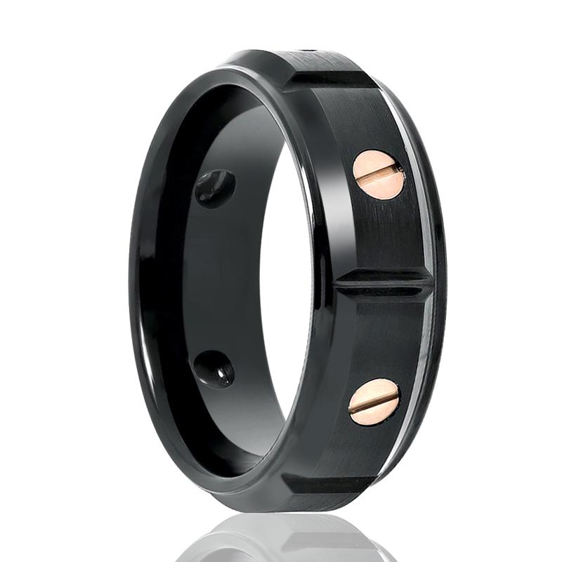 Men's Wedding Band With Rose Gold Screw Accents & Step Edges Tungsten Ring