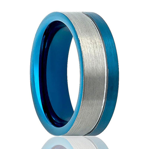 Men's Pipe Cut Two Tone Wedding Ring With Off Center Blue Groove & Silver Brushed Finish Tungsten Ring