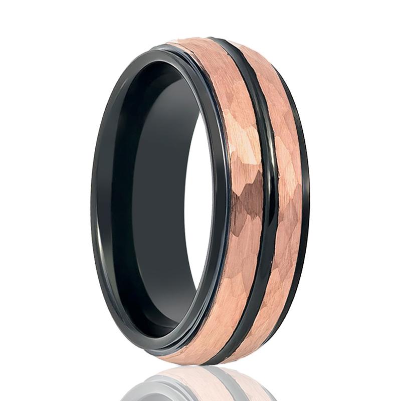 Men's Wedding Band With Rose Gold Hammered Center & Black Groove Tungsten Ring