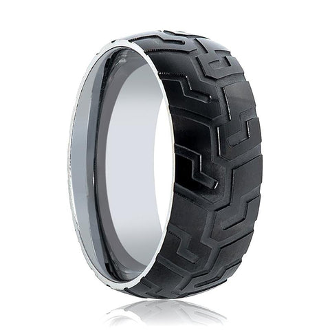 Men's Wedding Band With Laser Engraved Tire Tread Pattern Tungsten Ring