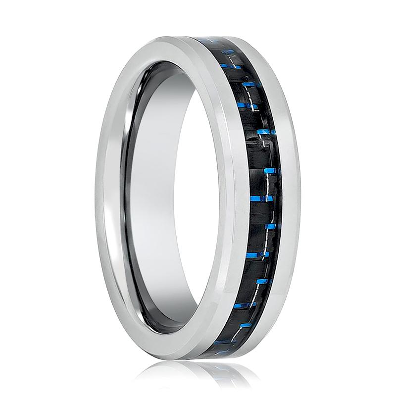 Men's Silver Tungsten Ring Wedding Band with Black and Blue Carbon Fiber Inlay and Beveled Edges