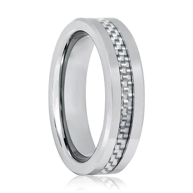 Men's Silver Tungsten Wedding Band with Grey Carbon Fiber Inlay and Beveled Edges Tungsten Ring