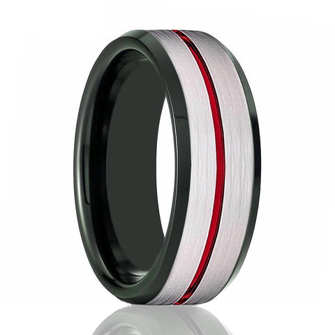 SCORCH | Black Silver Brushed Red Groove Black Beveled Tungsten Ring