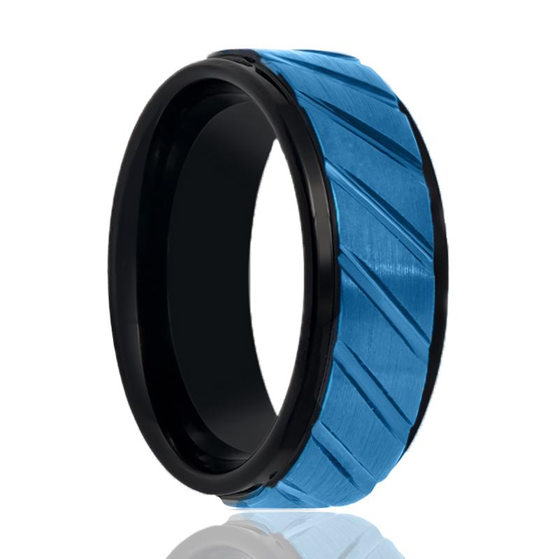 OBERON | Blue Diagonal Grooves Tungsten Ring