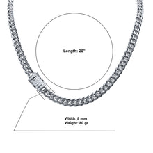 Candor 8mm CZ Stones lock Rhodium Plated Cuban Steel Chain