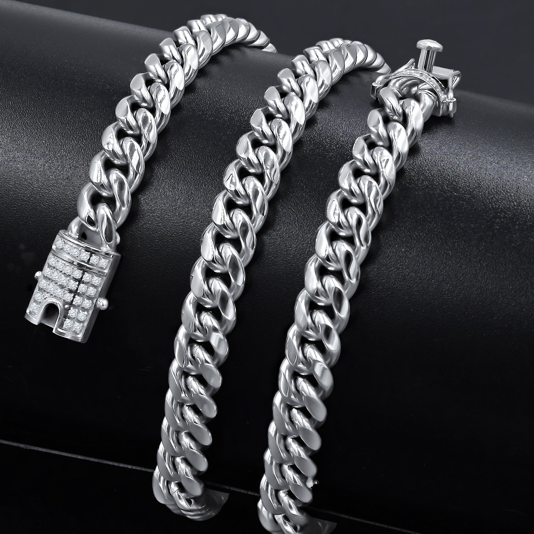 Candor 8mm CZ Stones lock Rhodium Plated Cuban Steel Chain