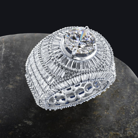 Ethereal Big Solitaire Stone Rhodium Plated Silver Ring With CZ Stones