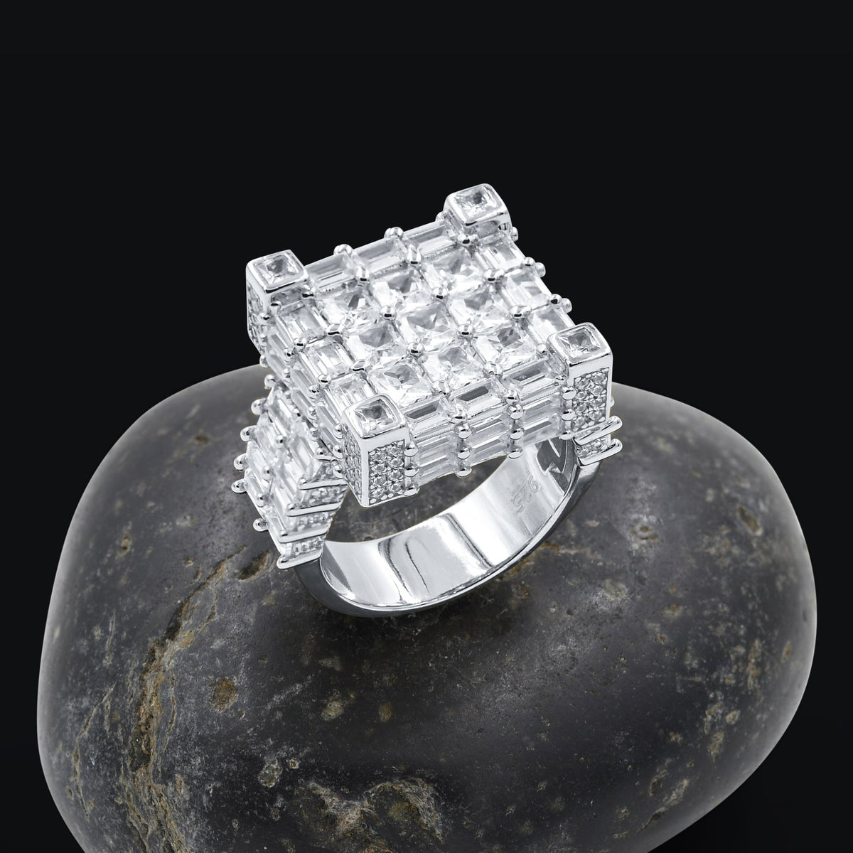 Dolce Square Rhodium Plated Silver Ring With CZ Stones