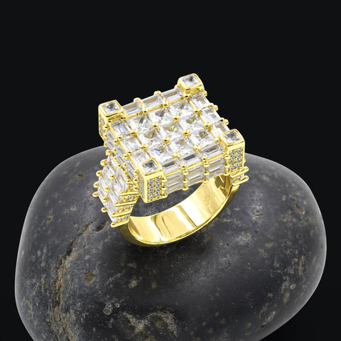 Dolce Square 14K Yellow Gold Plated Silver Ring With CZ Stones