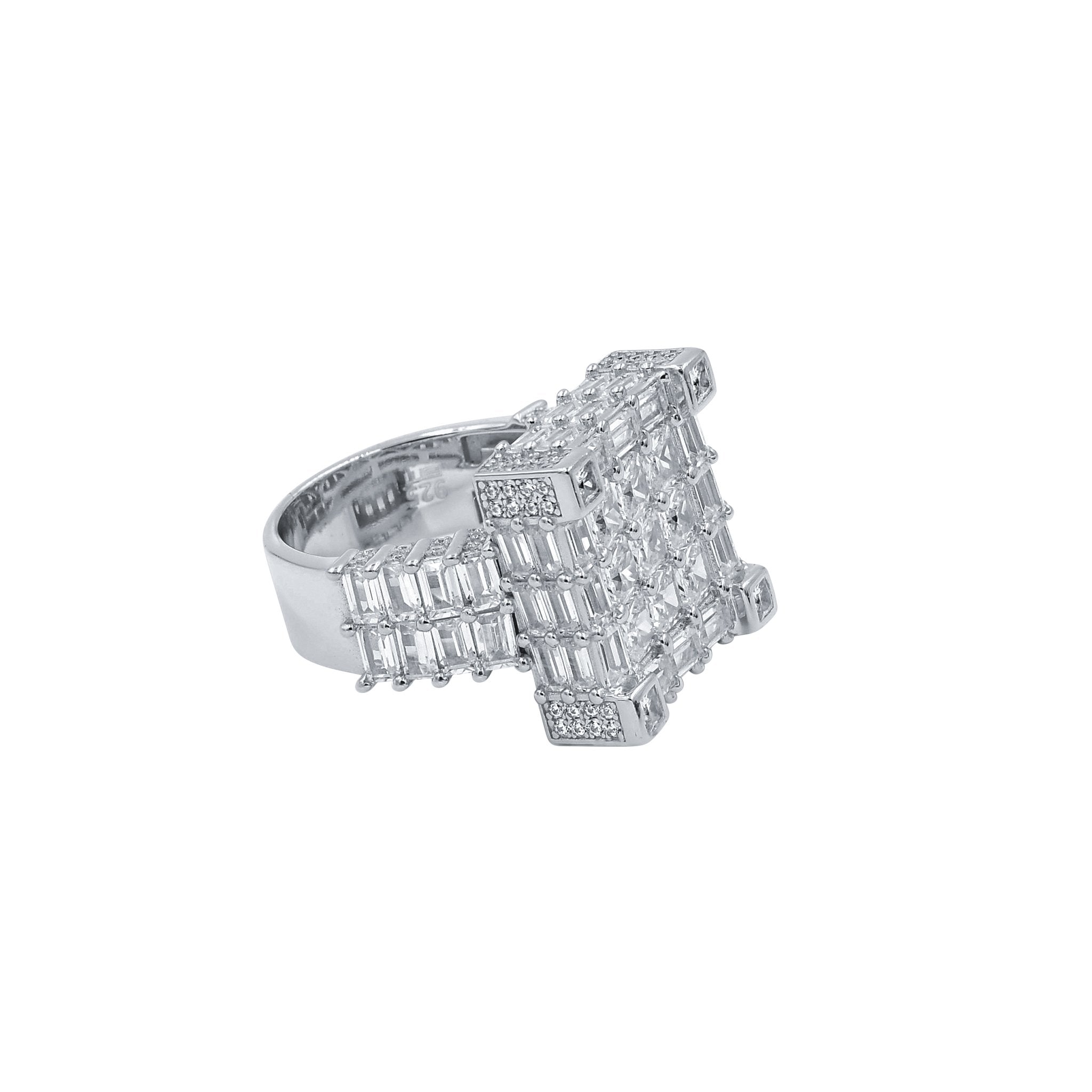 Dolce Square Rhodium Plated Silver Ring With CZ Stones