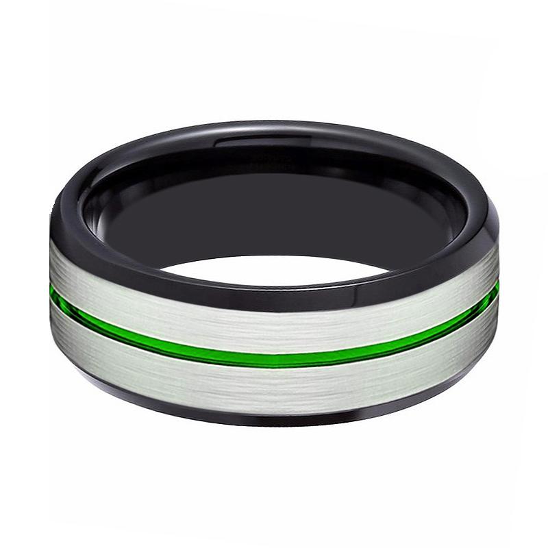 NITRO | Black Inside Silver Brushed Green Groove Black Beveled Tungsten Ring