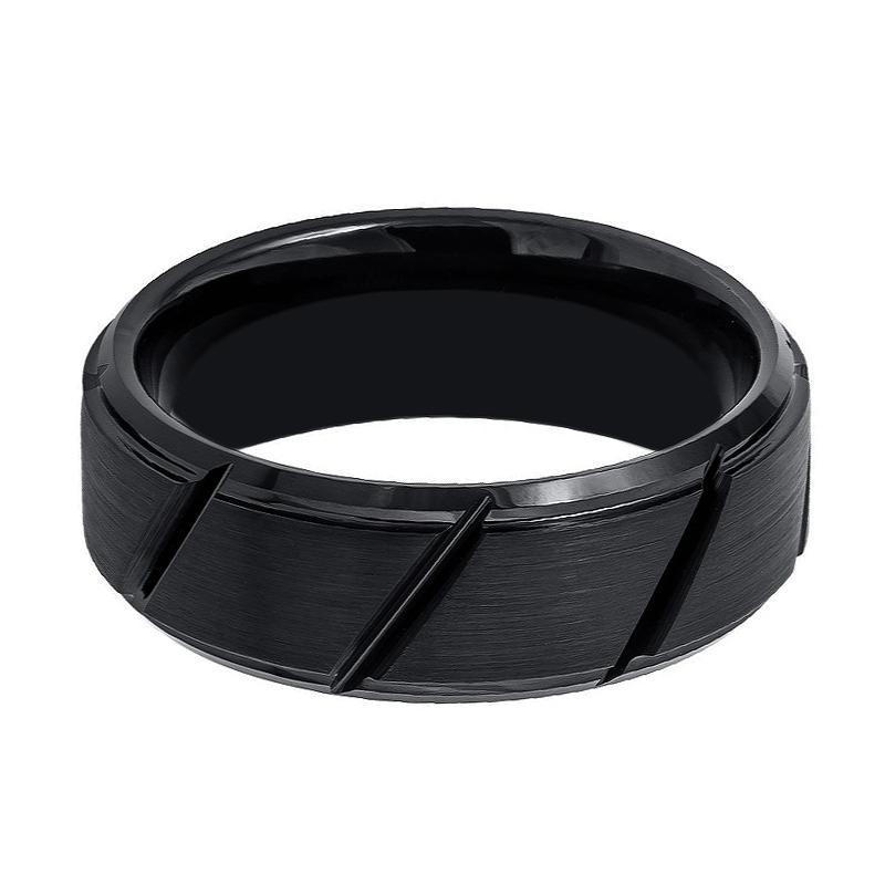 NIGHTWORK | Black Diagonal Groove Tungsten Ring