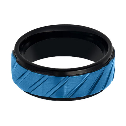 OBERON | Blue Diagonal Grooves Tungsten Ring