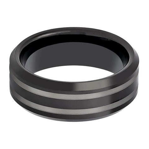 WOLSEY | Black Double Laser Engraved Lines Tungsten Ring