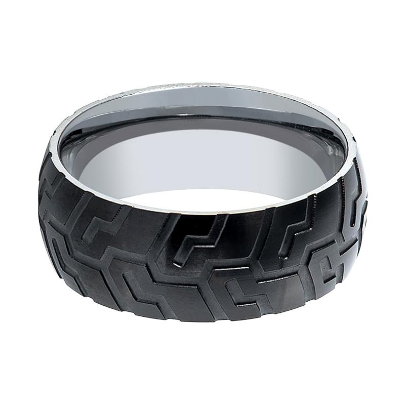 Men's Wedding Band With Laser Engraved Tire Tread Pattern Tungsten Ring