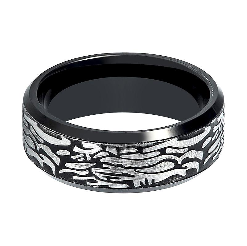 Men's Black Wedding Band With Laser Carved Rock Art Pattern & Beveled Edges Tungsten Ring