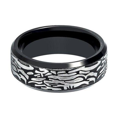 Men's Black Wedding Band With Laser Carved Rock Art Pattern & Beveled Edges Tungsten Ring