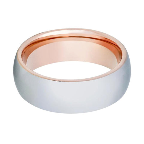 Men's Two-Tone Wedding Band With Rose Gold Interior & Shiny Silver Outer with Domed Edges Tungsten Ring