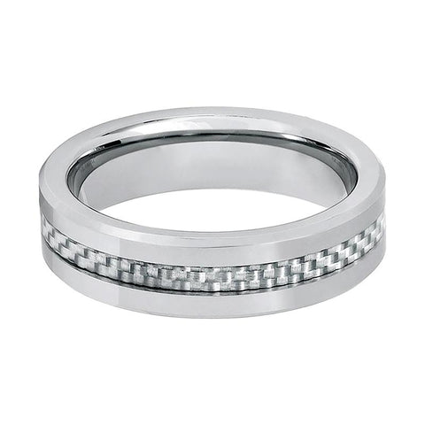 Men's Silver Tungsten Wedding Band with Grey Carbon Fiber Inlay and Beveled Edges Tungsten Ring