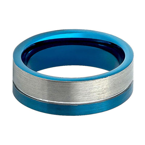 Men's Pipe Cut Two Tone Wedding Ring With Off Center Blue Groove & Silver Brushed Finish Tungsten Ring