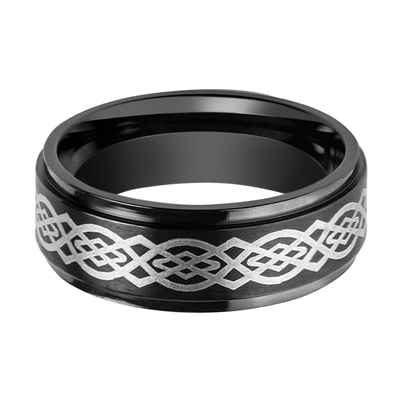 Men's Laser Engraved Celtic Knot Design Raised Center Wedding With Step Edges Tungsten Ring