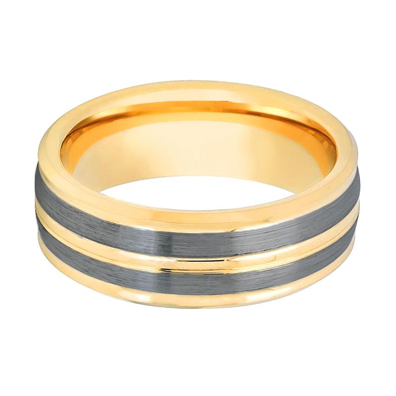 Men's Gold Engagement With Dual Brushed Pinstripe Tungsten Ring