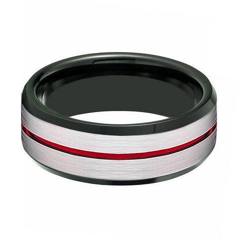 SCORCH | Black Silver Brushed Red Groove Black Beveled Tungsten Ring