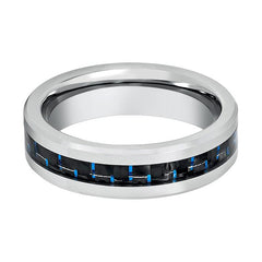 Men's Silver Tungsten Ring Wedding Band with Black and Blue Carbon Fiber Inlay and Beveled Edges