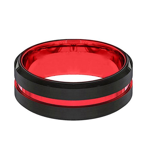 BUGATTI | Red Black Red Groove Beveled Edges Tungsten Ring