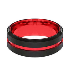 BUGATTI | Red Black Red Groove Beveled Edges Tungsten Ring